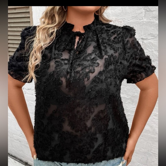 SHEIN Tops - SHEIN Unity plus size tie, neck, puff sleeves, fuzzy blouse
